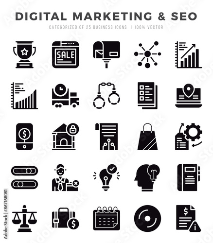 Set of Digital Marketing & SEO Icons. Simple line art style icons pack.