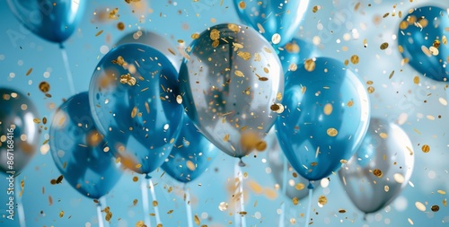 Blue and Silver Balloons Floating With Confetti Against a Blue Background