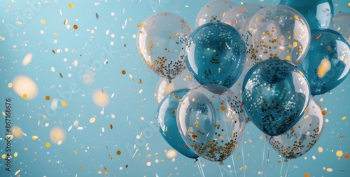 Blue and Silver Balloons Floating With Confetti Against a Blue Background