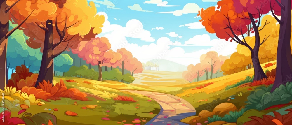 Fototapeta premium Cartoon illustration of an autumn forest with path and trees. Vibrant fall colors, sunny day in nature. Concept of season, landscape, and outdoors