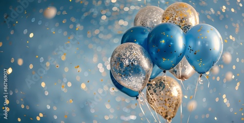Blue and Silver Balloons Floating With Confetti Against a Blue Background