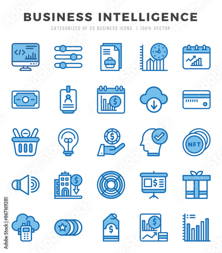 Business Intelligence Icons Pack. Two Color icons set. Two Color icon collection set.