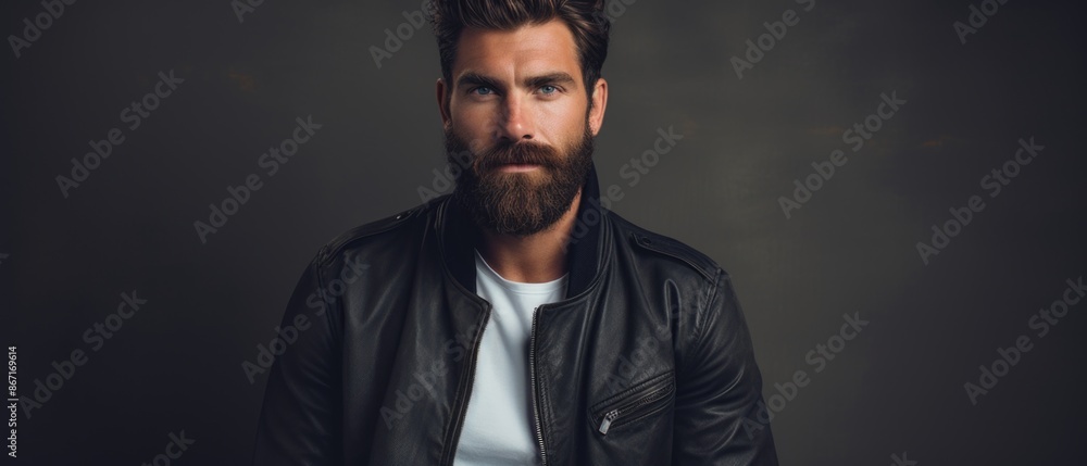 Fototapeta premium Confident Bearded Man in Leather Jacket Posing Against Dark Background