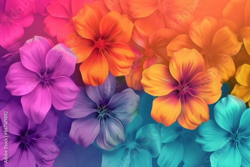 Vibrant Rainbow Floral Background with Orange, Purple, Blue, and Pink Flowers. Abstract floral pattern for design, wallpaper, or print.