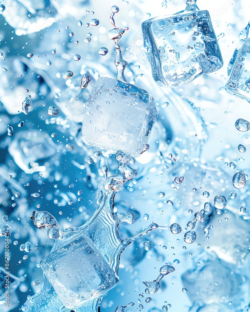 Blue water splash with ice cubes, ample copy space Blue water splash with ice cubes, ample copy space