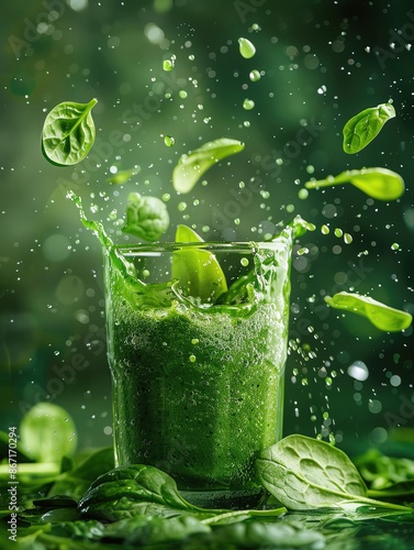 Green spinach smoothie splash with spinach leaves, ample copy space