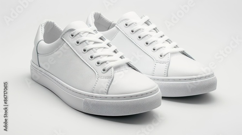 Two white sneakers are displayed on a white background