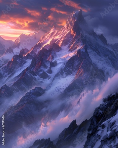 Dreamlike Mountain Landscape with Floating Peaks and Glowing Vegetation at Dawn