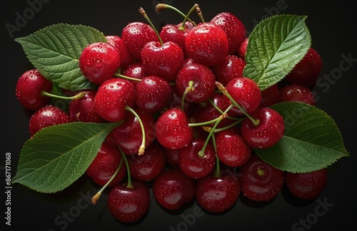 Wallpaper Mural Fresh red cherries with green leaves on black background Torontodigital.ca