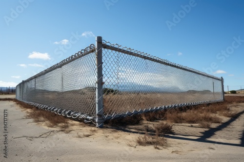 Lonely ChainLink Fence in Dry Desert Landscape Under Clear Blue Sky © Boomanoid