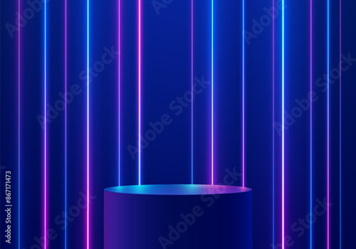 3D dark blue round product podium background with glow neon lighting lines. Abstract futuristic composition in minimalist design. Studio showroom product pedestal, Fashion stage showcase mockup scene.