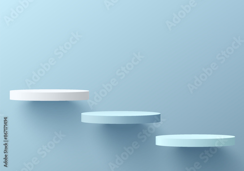 3D blue round product podium set floating on the wall background. Abstract geometric composition in minimalist design. Studio display showroom product pedestal, Fashion stage showcase mockup scene.