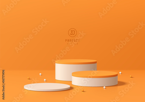 3D orange round product podium set background with white ball beads. Abstract geometric composition in minimalist design. Studio display showroom product pedestal, Fashion stage showcase mockup scene.