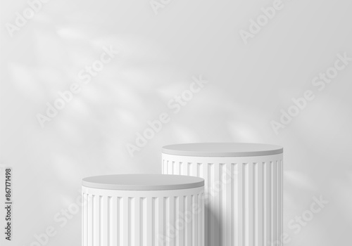 3D white round product podium background with natural light on wall. Abstract geometric composition in minimalist design. Studio display showroom product pedestal, Fashion stage showcase mockup scene.