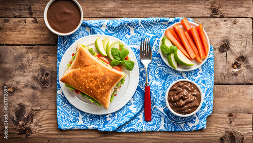 Children's breakfast or lunch, top-down view, exquisite tableware and food, healthy diet, dietary fiber, banner or background photo