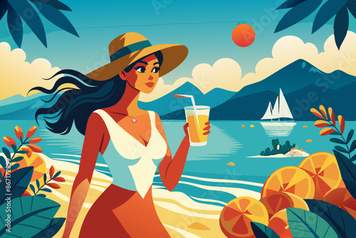 Ilustración vectorial de una mujer con sombrero esta bebiendo un vaso de agua