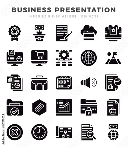 Set of 25 Business Presentation Glyph Icons Pack.