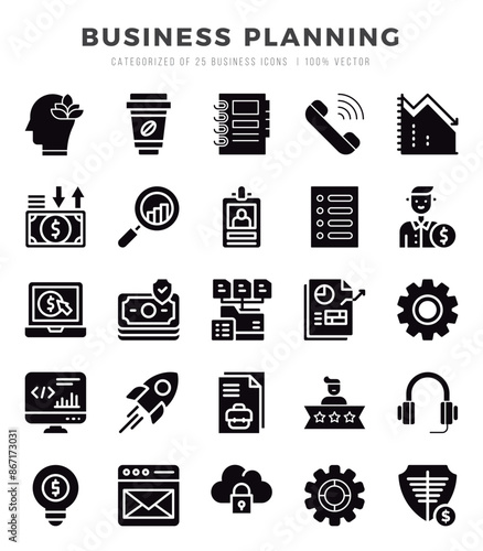Simple Set of Business Planning Related Vector Glyph Icons.