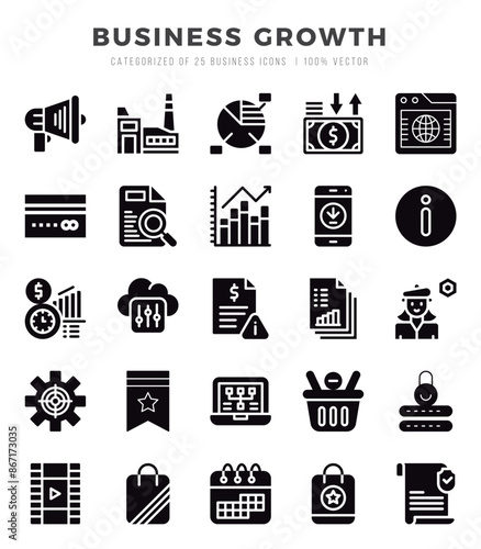 Business Growth Icons Pack. Glyph icons set. Glyph icon collection set.