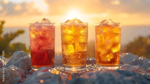 Refreshing Carbonated Drinks Amid Vibrant Sunset Scenery