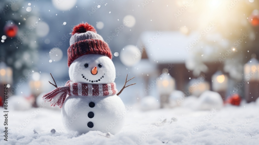 Fototapeta premium Snowman with hat and scarf standing in snow