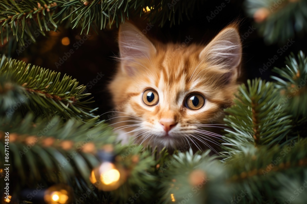 Curious cat peeking under christmas tree Curious cat peeking under christmas tree
