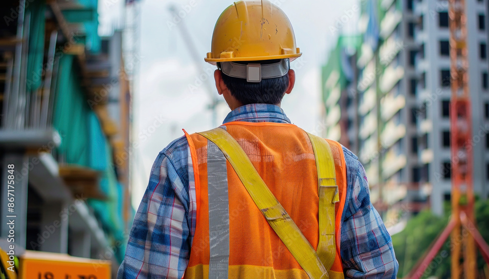 A construction worker in a hard hat and safety vest is in front of a building being constructed A construction worker in a hard hat and safety vest is in front of a building being constructed