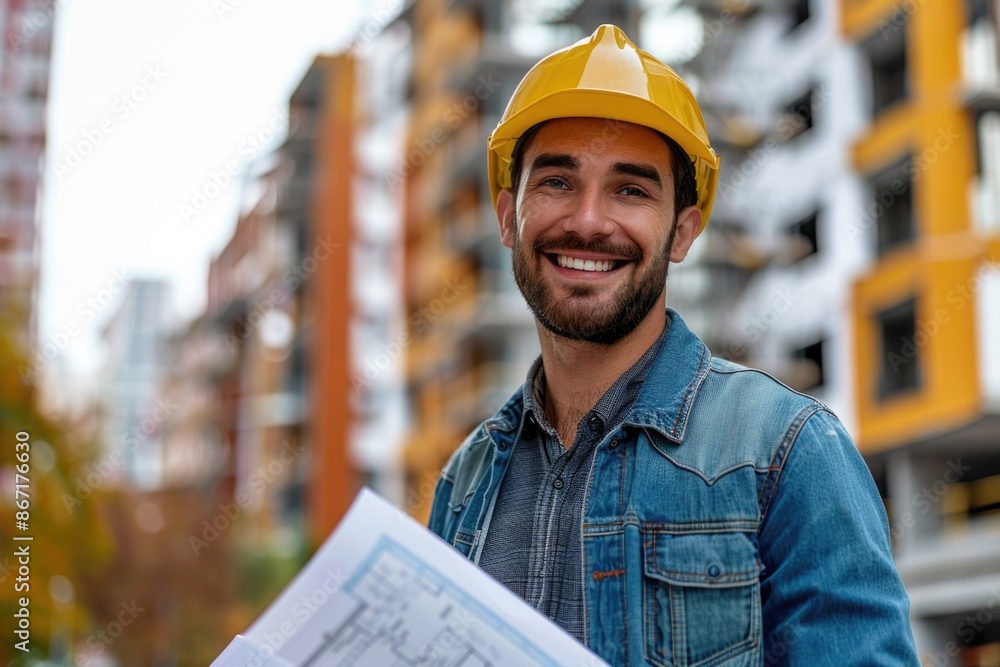 Construction worker with hard hat holding blueprint Construction worker with hard hat holding blueprint