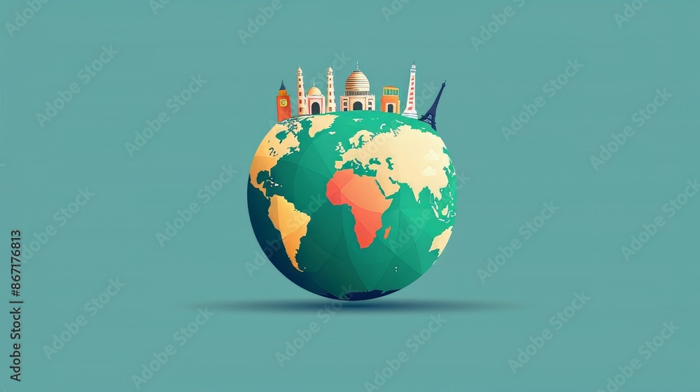 Detailed globe with famous landmarks, vibrant colors, iconic monuments, world travel theme, richly detailed and visually appealing Detailed globe with famous landmarks, vibrant colors, iconic monuments, world travel theme, richly detailed and visually appealing