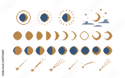 ドット絵　シンプルでかわいい月と流れ星のイラスト装飾セット　月の満ち欠け　月齢　満月　三日月　新月　ピクセル