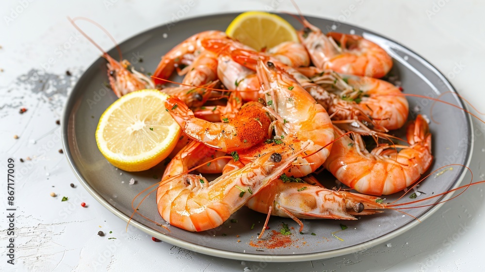 Plate of Cooked Shrimp with Lemon and Herbs Plate of Cooked Shrimp with Lemon and Herbs