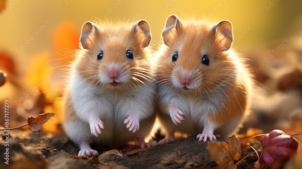 Two little hamsters are sitting on a stone in the garden and looking around. Two little hamsters are sitting on a stone in the garden and looking around.