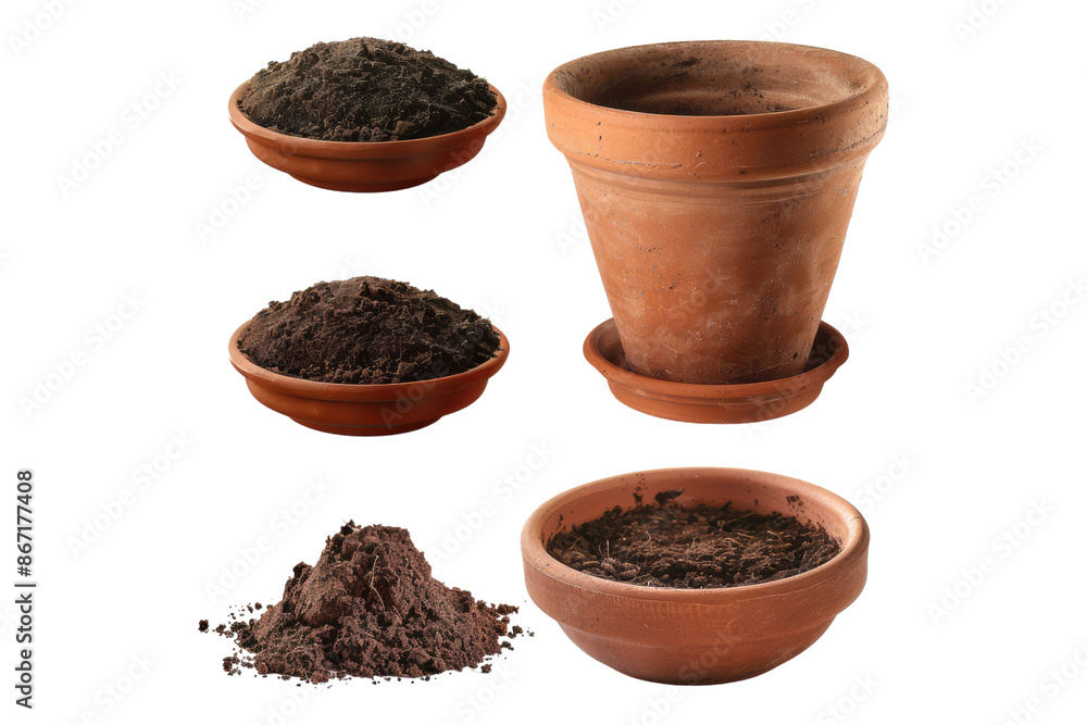 Set of clay pot full of clay isolated on transparent background Set of clay pot full of clay isolated on transparent background