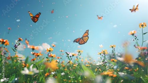 Colorful Butterflies Fluttering Amidst Blooming Flowers in Serene Meadow Landscape © pkproject