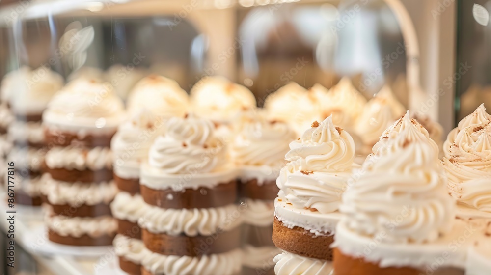 Creamy Cakes in a Glass Display Case Creamy Cakes in a Glass Display Case