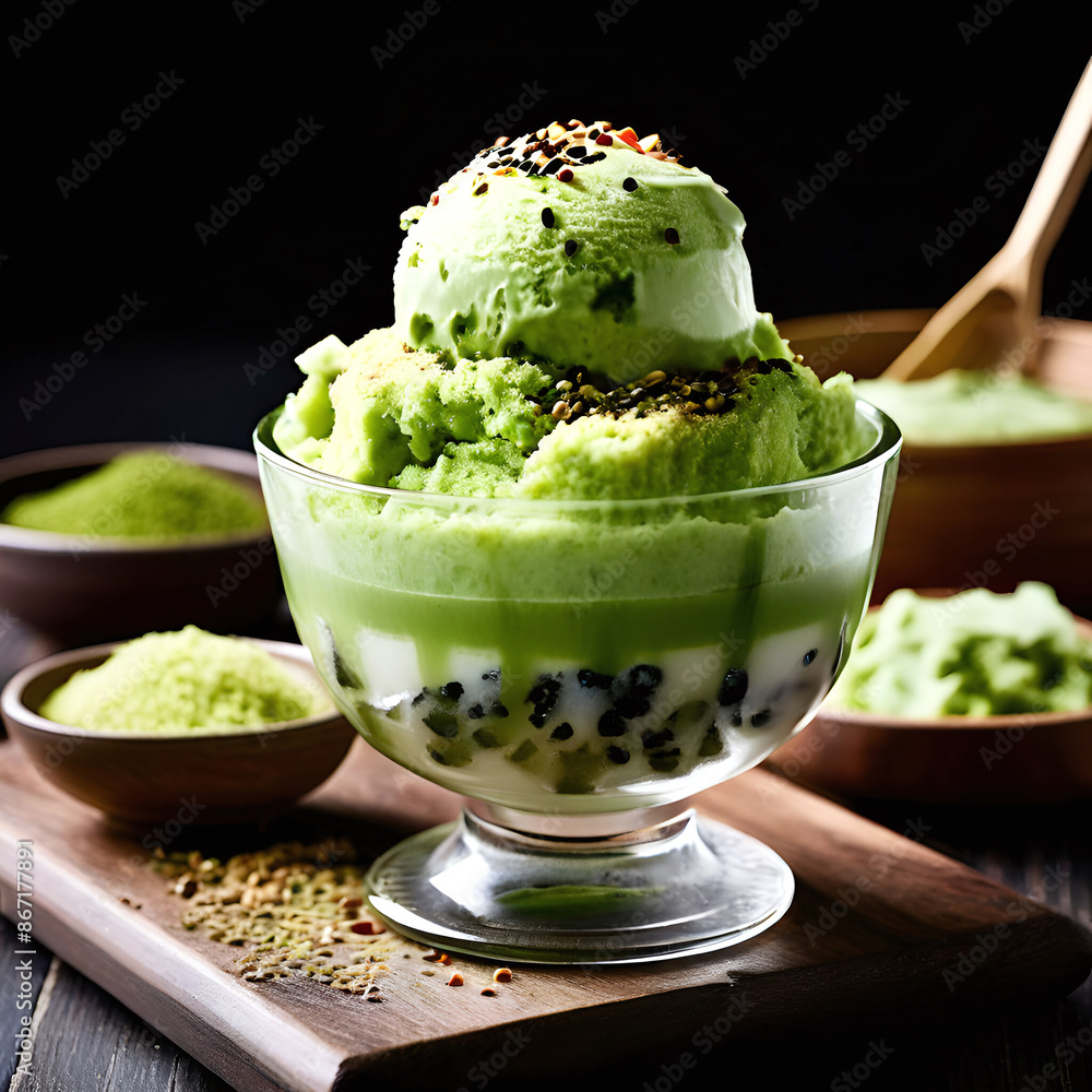 A large bowl filled with finely shaved ice infused with matcha green tea powder and topped with green tea ice cream, sweet red bean, mochi rice cake, sweet condensed milk or matcha syrup A large bowl filled with finely shaved ice infused with matcha green tea powder and topped with green tea ice cream, sweet red bean, mochi rice cake, sweet condensed milk or matcha syrup