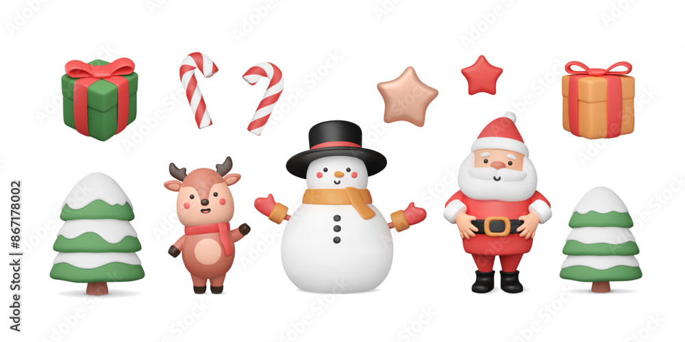 Fototapeta premium Set of 3d Christmas stickers. Santa Claus, cute deer waving his hand, snow man in top hat. Snowy trees, various gift boxes, candy cane and stars. Cartoon New Year characters. Vector illustration.