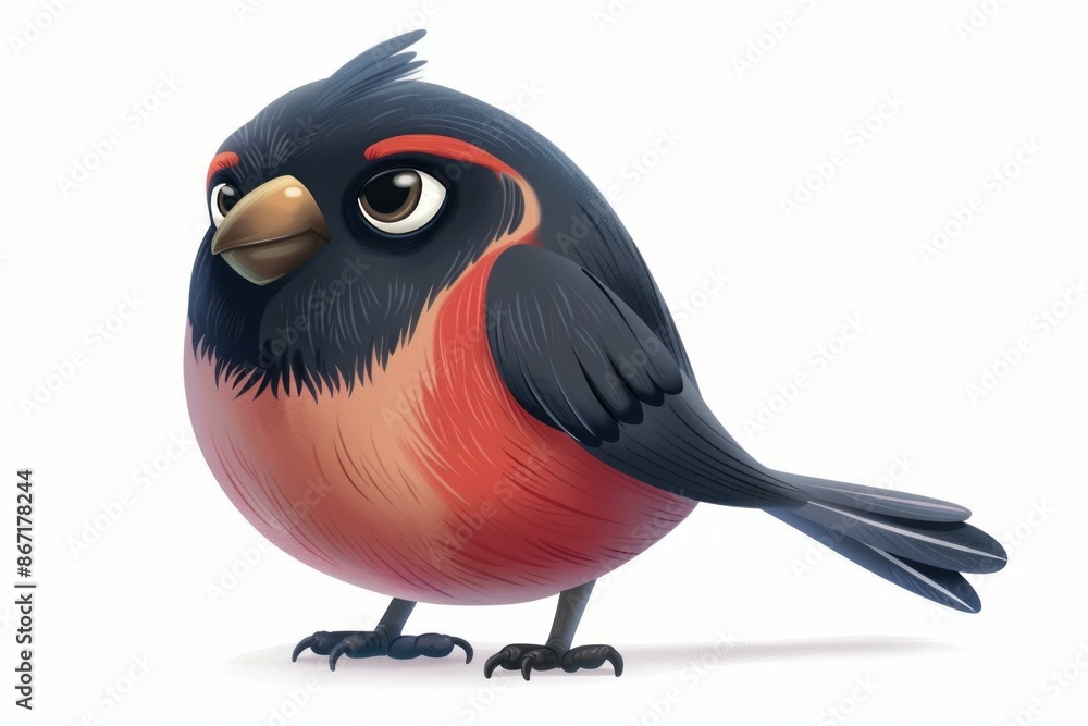Fototapeta premium Cartoon bird with blue and red feathers is standing and looking curious