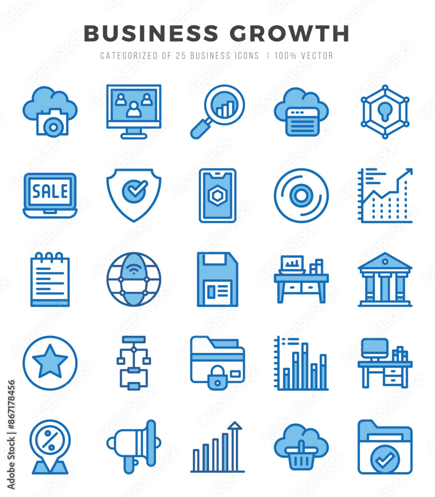 Set of Business Growth Icons. Simple Two Color art style icons pack. Set of Business Growth Icons. Simple Two Color art style icons pack.