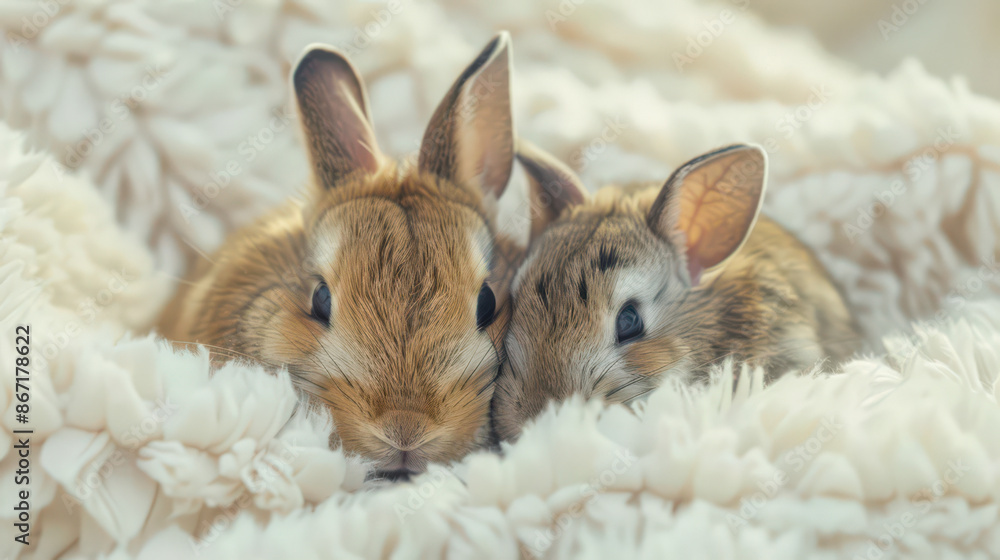 Naklejka premium Two cute bunnies sitting on a white soft blanket