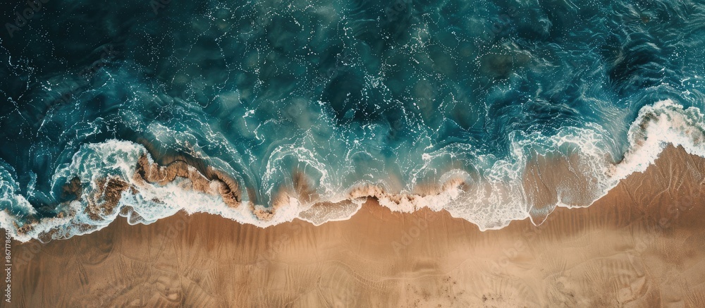 Top-down view of a sandy sea shore with empty space and visible texture of sand. Top-down view of a sandy sea shore with empty space and visible texture of sand.