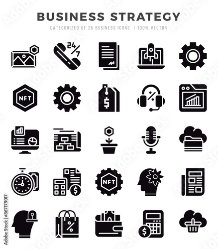 Business Strategy Glyph icons collection. 25 icon set in a Glyph design.