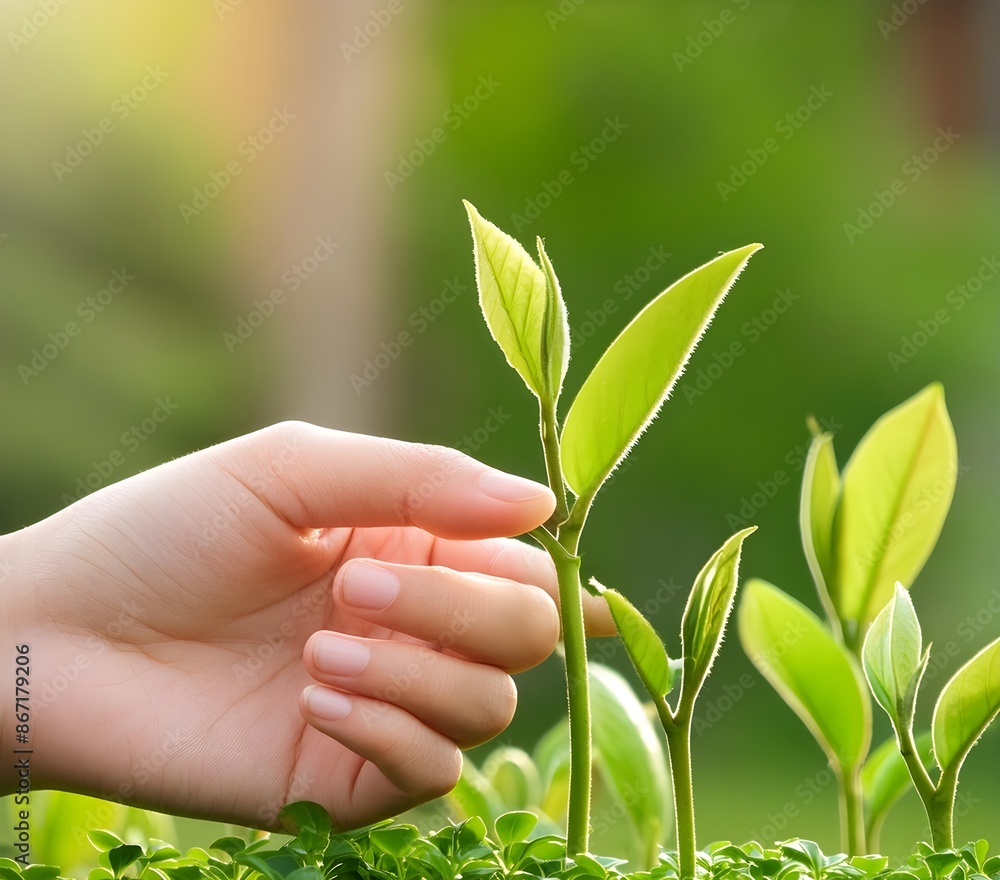 Farmer's hand touches young plant Farmer's hand touches young plant