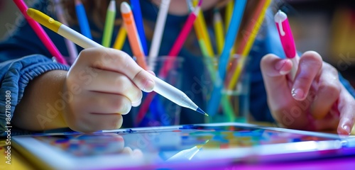 Minimalist back-to-school digital learning environment with a student using a tablet and stylus, emphasizing the integration of technology in education. photo