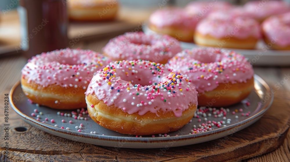 Plate of pink frosted donuts with sprinkles Plate of pink frosted donuts with sprinkles