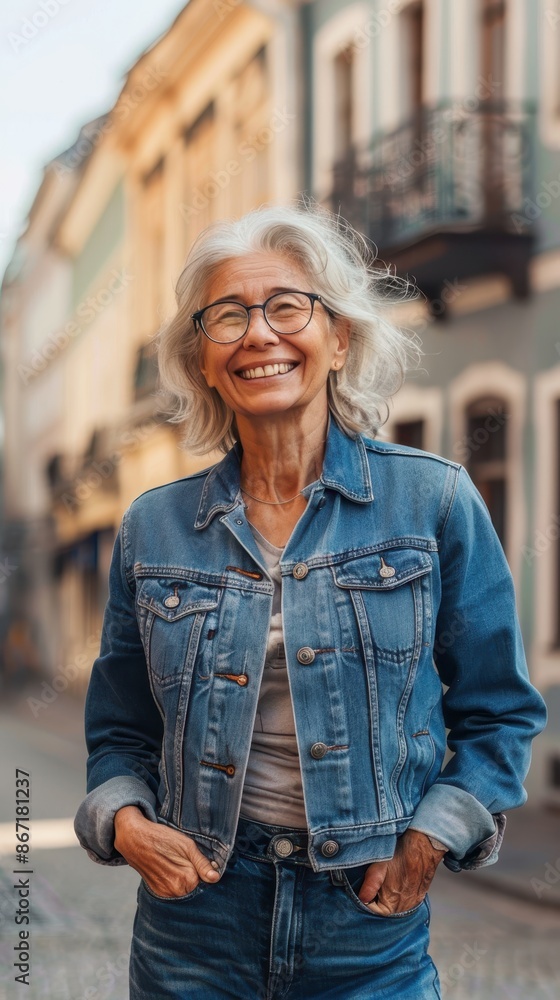 A woman smiles while walking on a city street A woman smiles while walking on a city street