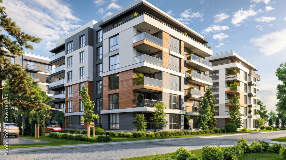 Modern residential apartment complex with balconies and greenery under a sunny sky Modern residential apartment complex with balconies and greenery under a sunny sky