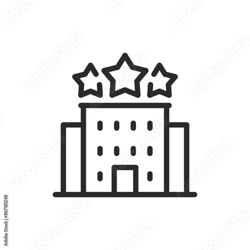 Hotel building icon. A high-rise building with stars on top, accommodation and hospitality. Line with editable stroke.