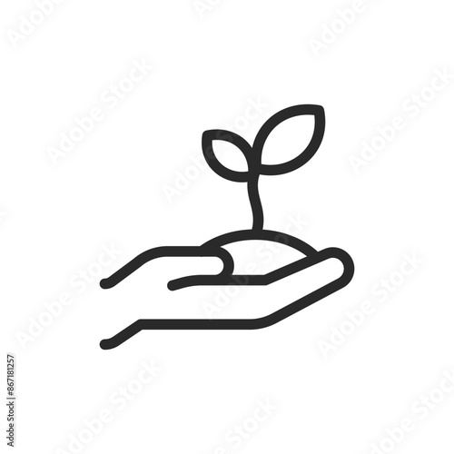Plant in hand, linear style icon. plant care, environmental protection, or sustainability. Editable stroke width.