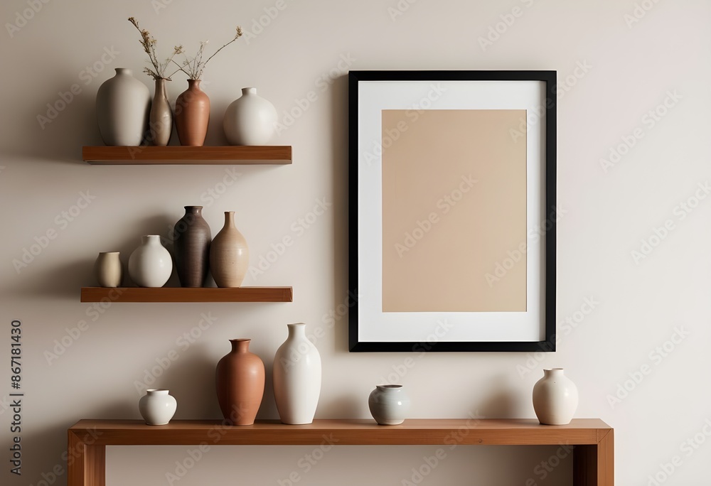 A wall with minimalistic shelves and a collection of beautiful vases on them. Empty vertical frame for wall art mockup. Interior in modern Japanese style. Generative AI A wall with minimalistic shelves and a collection of beautiful vases on them. Empty vertical frame for wall art mockup. Interior in modern Japanese style. Generative AI